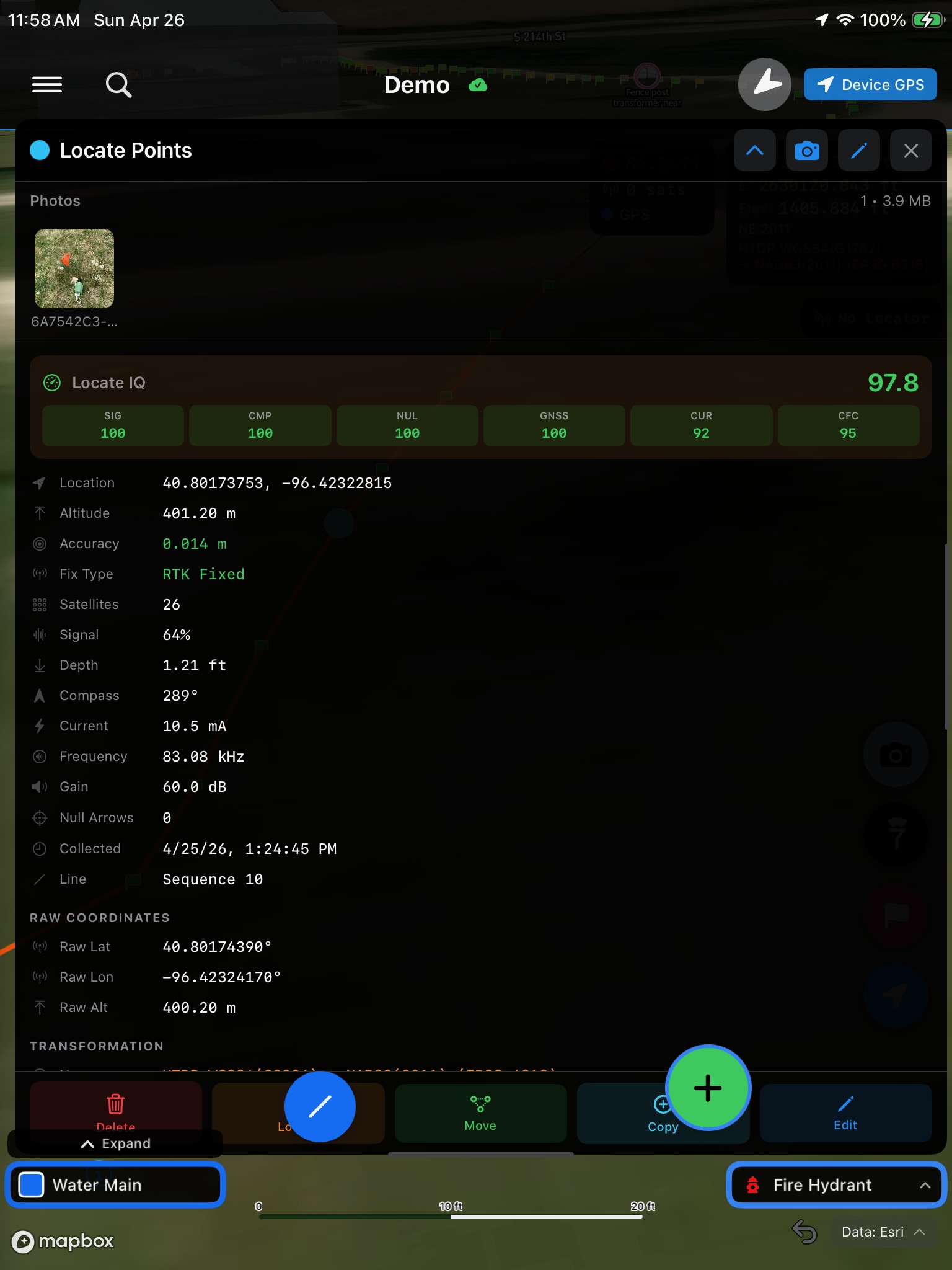 LocateIQ point detail showing Locate IQ 97.8 score, RTK Fixed accuracy 0.014 m, 26 satellites, depth, current, frequency, and transformation metadata
