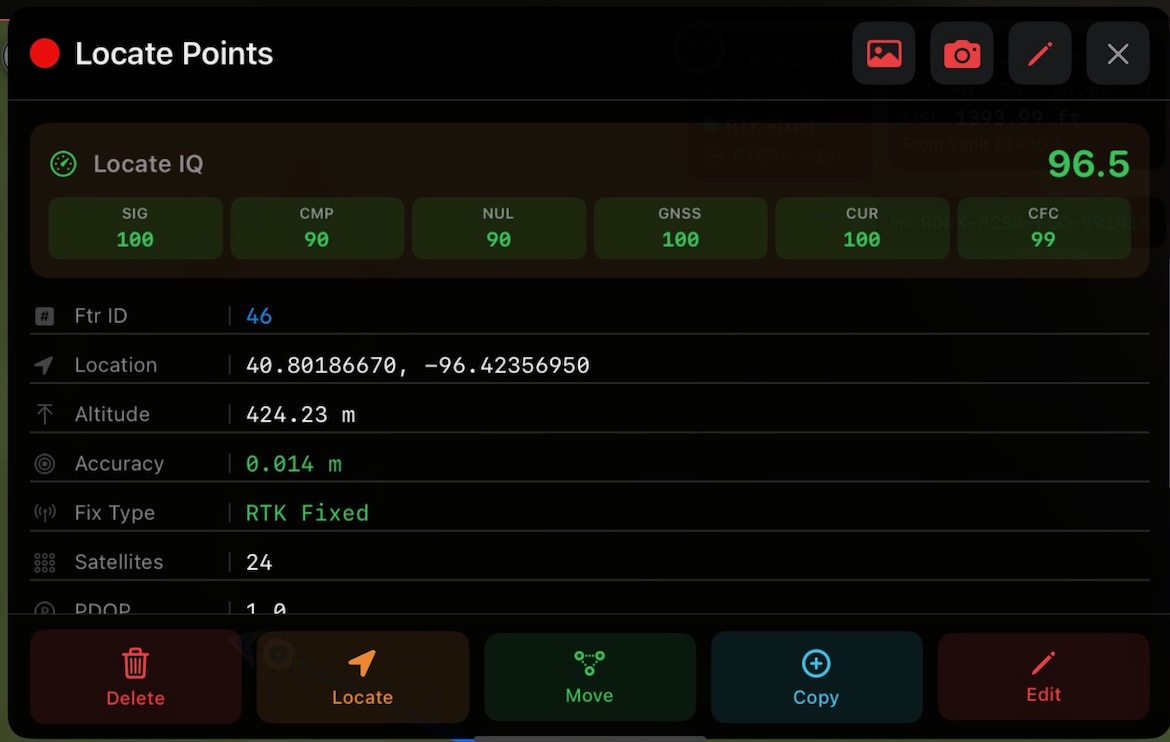 LocateIQ Locate Points detail showing Locate IQ 96.5 with SIG 100, CMP 90, NUL 90, GNSS 100, CUR 100, CFC 99 sub-scores, Ftr ID 46, RTK Fixed, 0.014 m accuracy, 24 satellites
