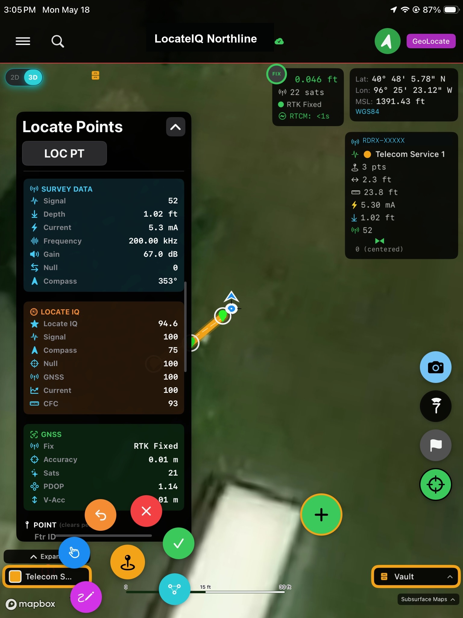 LocateIQ app showing live RTK Fixed locate with Locate IQ score 94.6, survey data, GNSS quality, and 3D map view