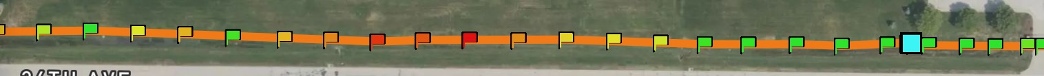 Locate line with per-point IQ scoring flags — green high confidence, yellow caution, red bleedoff